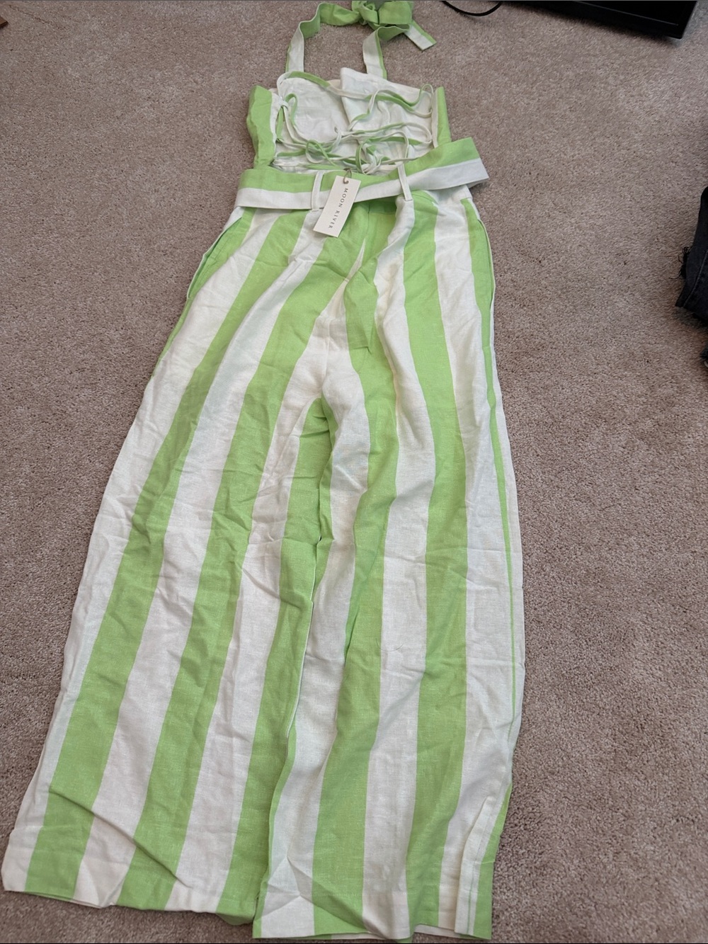 Moon River Lime & White Vertical-Stripe Wide-Leg Jumpsuit - Picture 3 of 4
